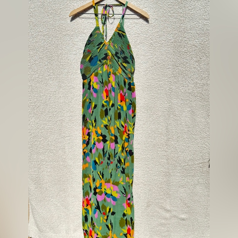 Sincerely Jules Green Floral Pleated Halter Maxi Dress Smocked Back Size Large